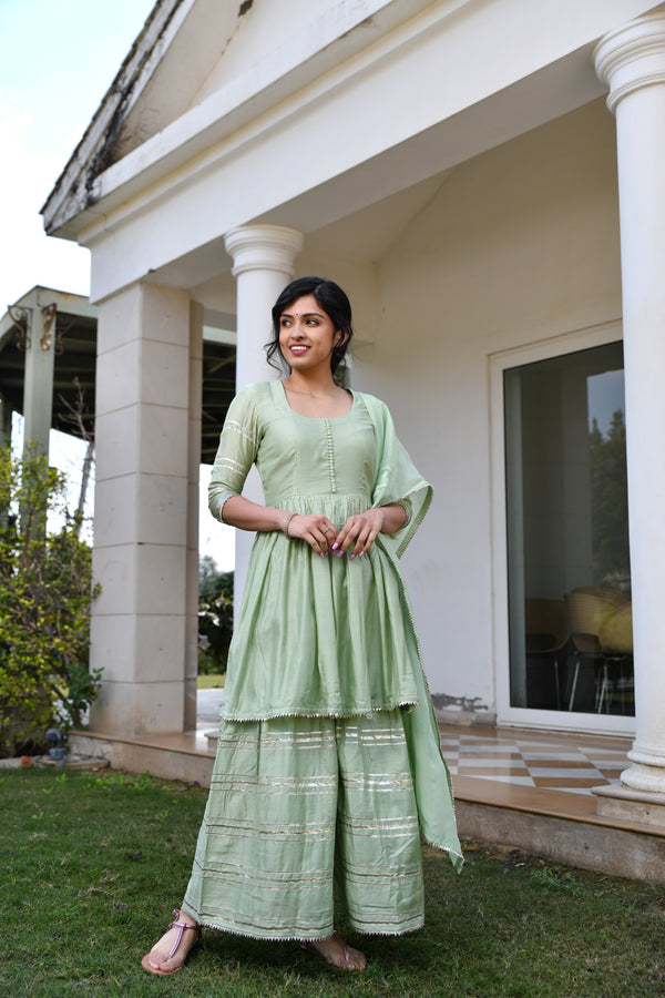 Pristine Pista Silk Sharara set with Gota detail