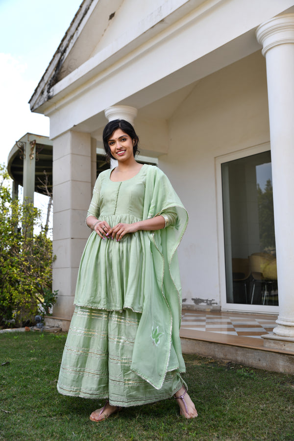Pristine Pista Silk Sharara set with Gota detail
