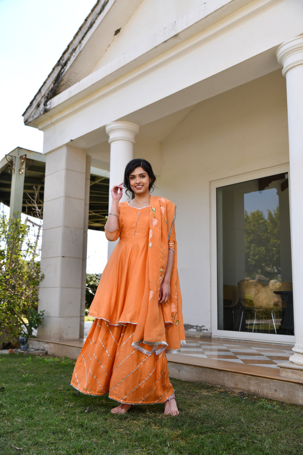 Orange Handpainted Silk Sharara Set With Gota work