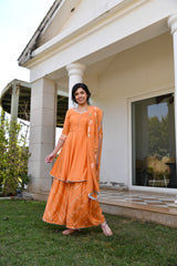 Orange Handpainted Silk Sharara Set With Gota work