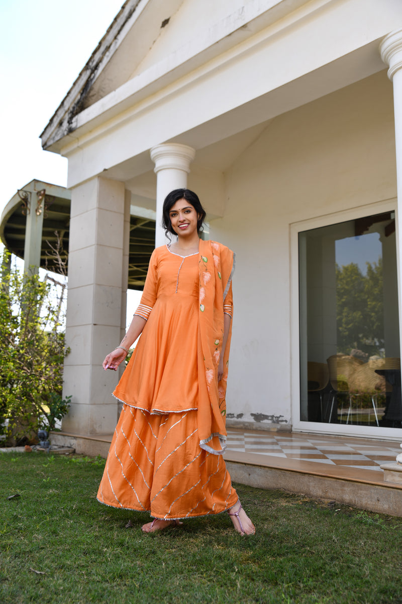 Orange Handpainted Silk Sharara Set With Gota work