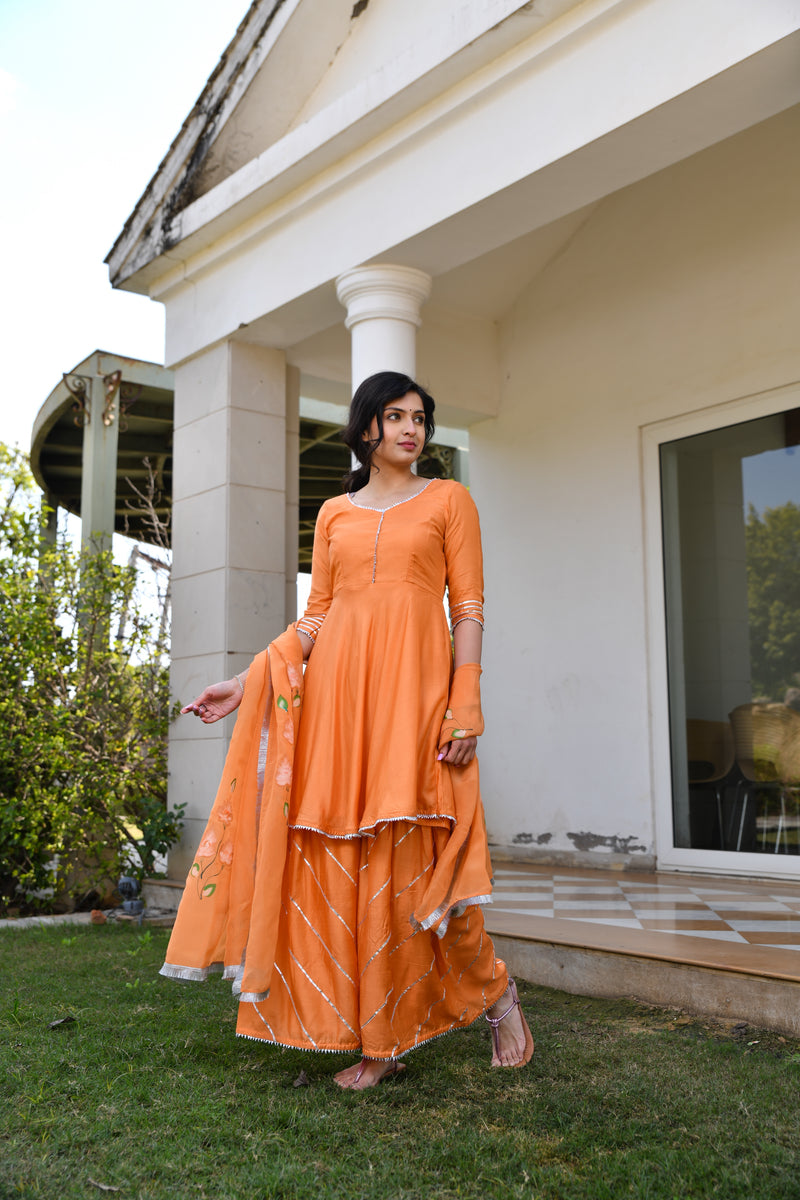 Orange Handpainted Silk Sharara Set With Gota work