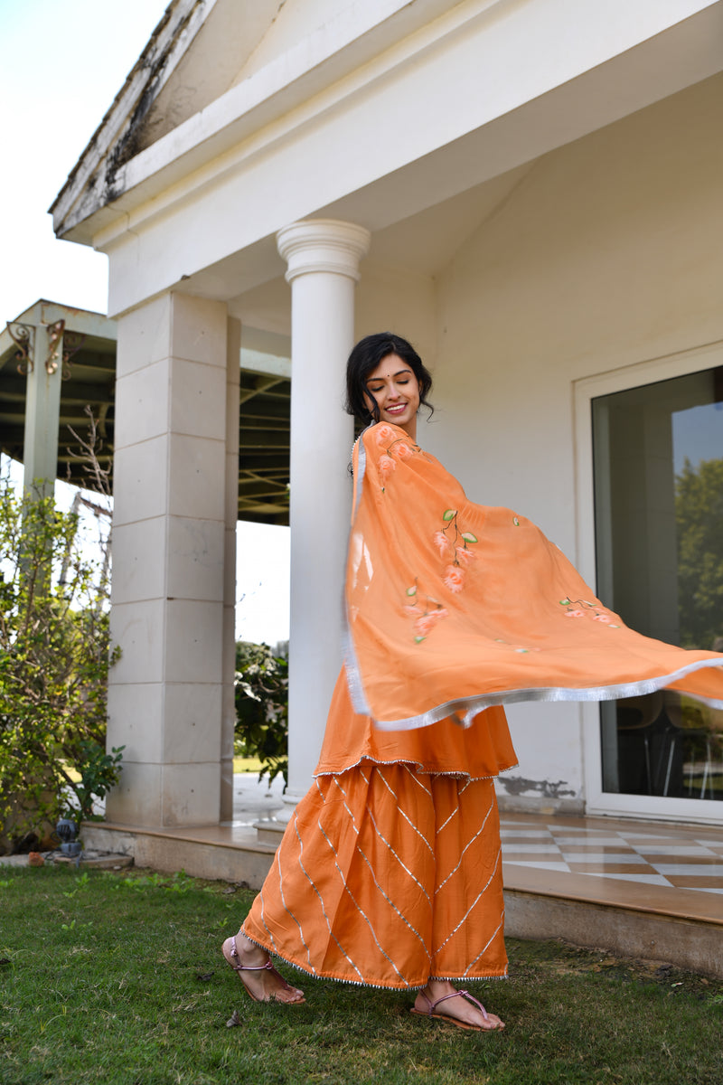 Orange Handpainted Silk Sharara Set With Gota work
