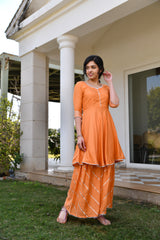 Orange Handpainted Silk Sharara Set With Gota work