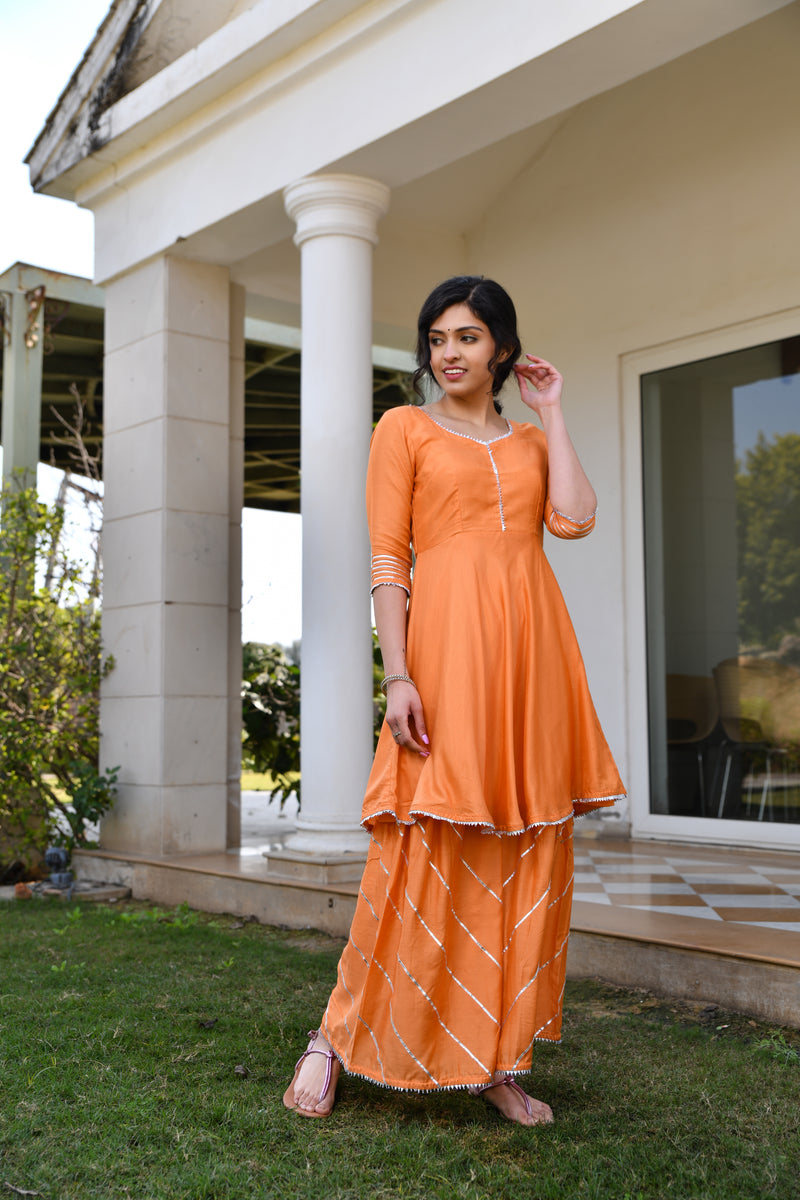 Orange Handpainted Silk Sharara Set With Gota work