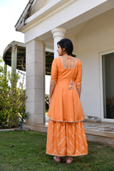 Orange Handpainted Silk Sharara Set With Gota work