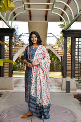 Spring Blossoms Pure Cotton Blue Suit Set With Dupatta