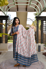 Spring Blossoms Pure Cotton Blue Suit Set With Dupatta