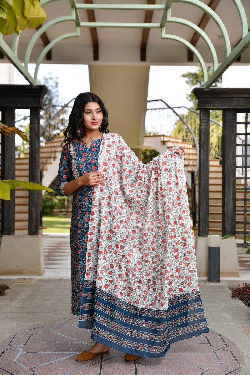Spring Blossoms Pure Cotton Blue Suit Set With Dupatta