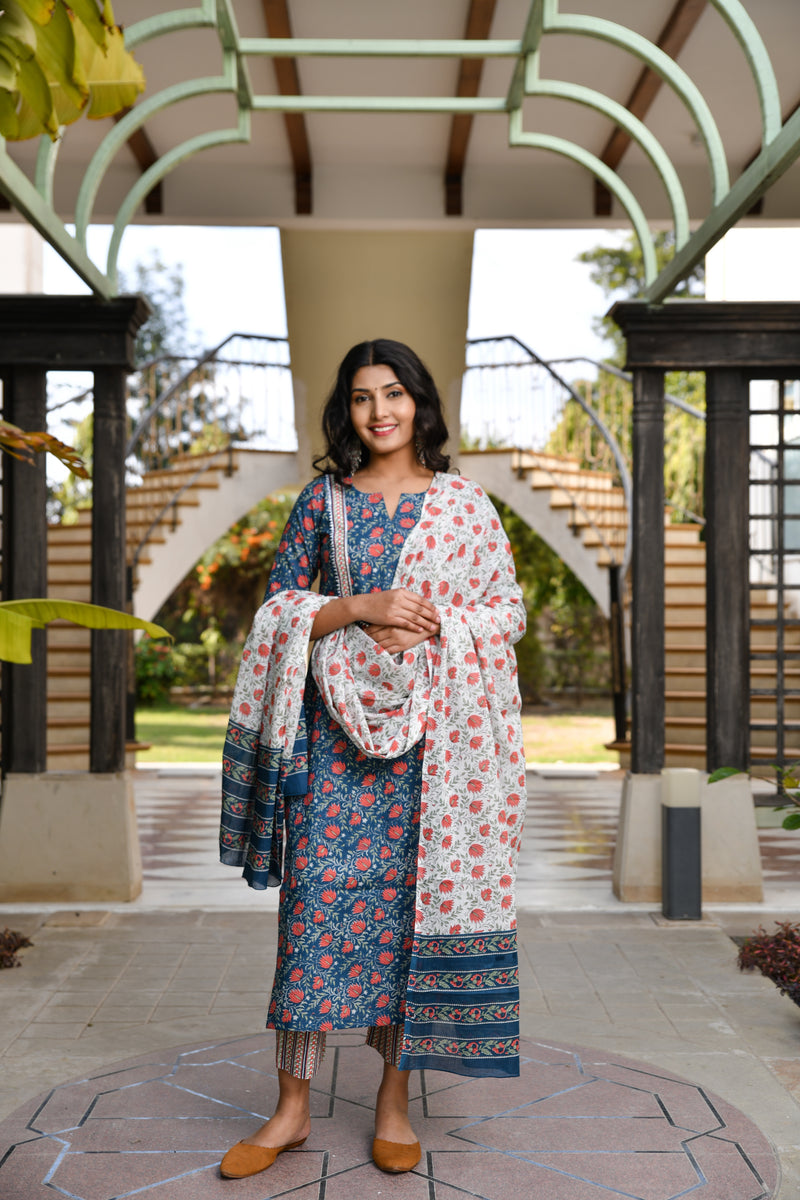 Spring Blossoms Pure Cotton Blue Suit Set With Dupatta