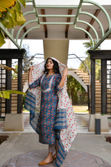 Spring Blossoms Pure Cotton Blue Suit Set With Dupatta