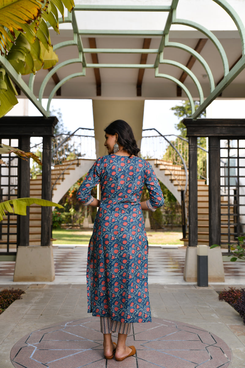 Spring Blossoms Pure Cotton Blue Suit Set With Dupatta