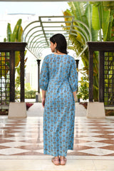 Pure Handblock Blue Yoke detail Long Dress