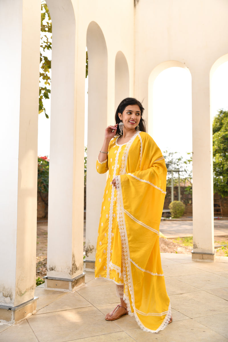 Mango Yellow Lace Silk Suit Set