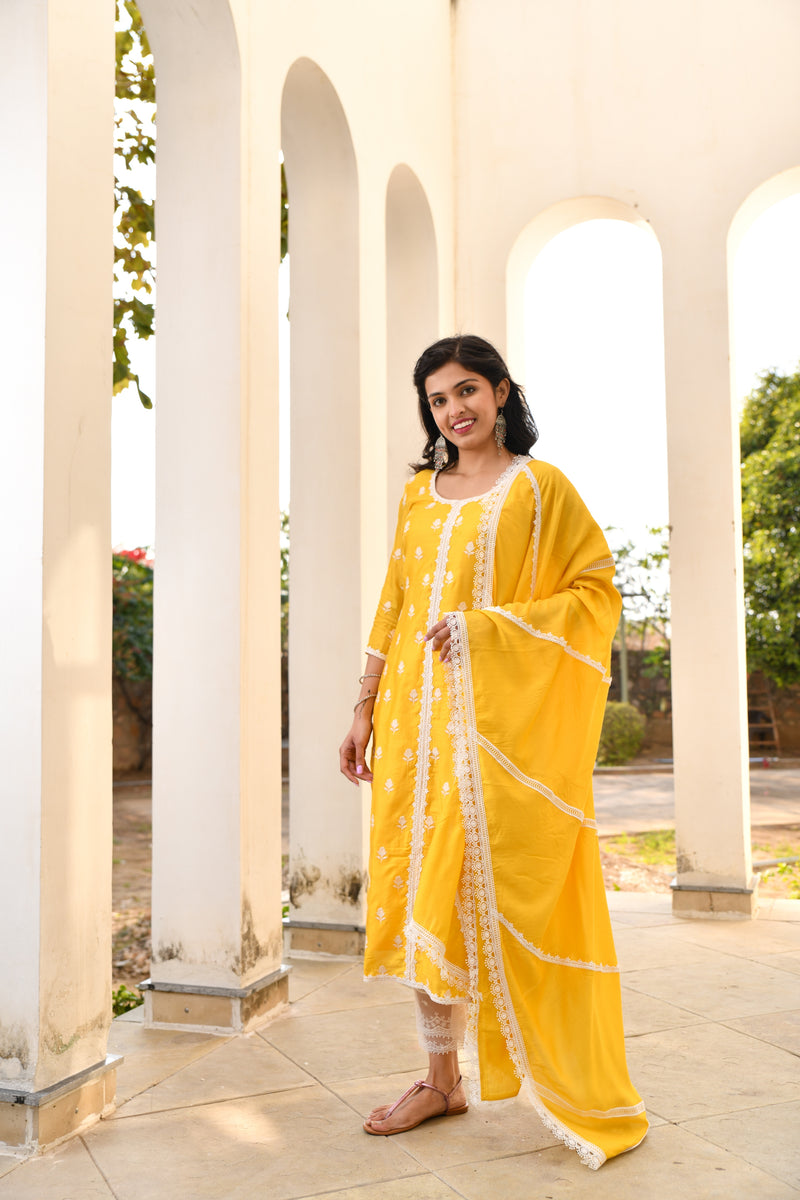 Mango Yellow Lace Silk Suit Set