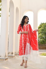 Red Rose White Lace Silk Suit Set
