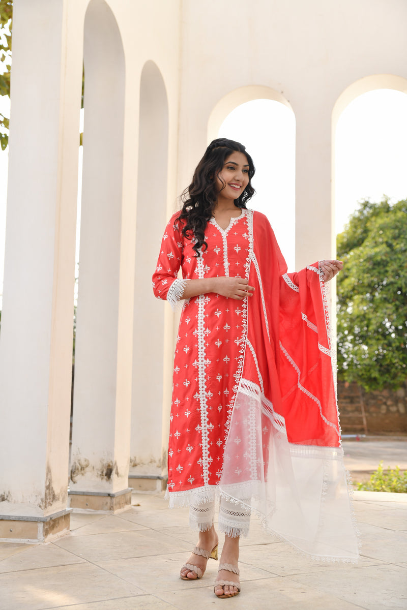 Red Rose White Lace Silk Suit Set