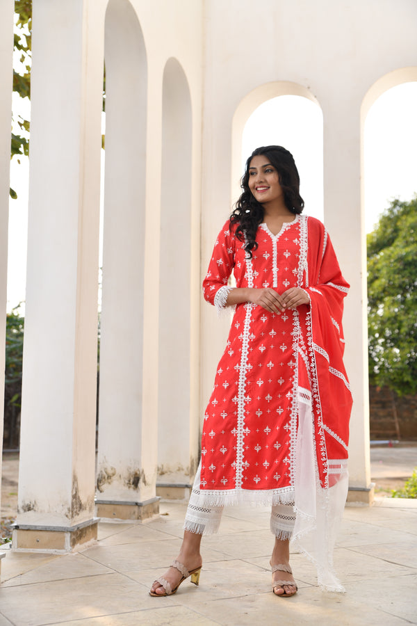 Red Rose White Lace Silk Suit Set