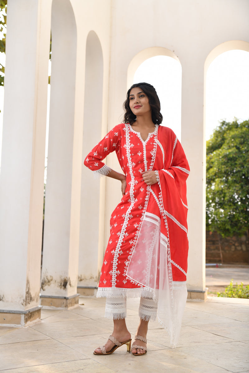 Red Rose White Lace Silk Suit Set
