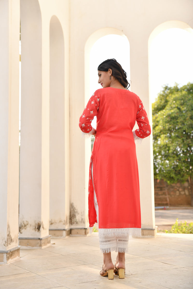 Red Rose White Lace Silk Suit Set