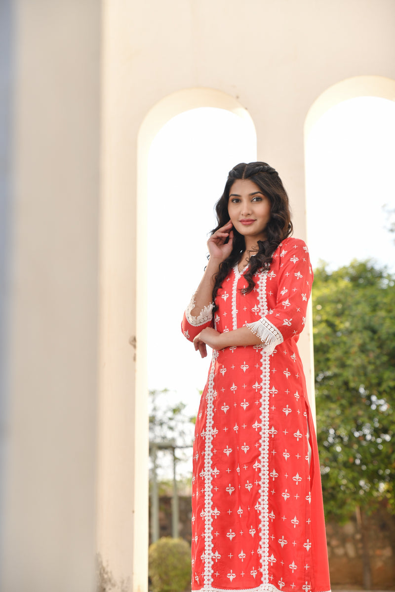 Attractive White Kurta with Dupatta Set (Red)