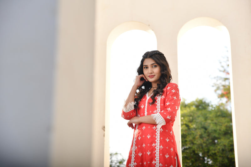 Red Rose White Lace Silk Suit Set