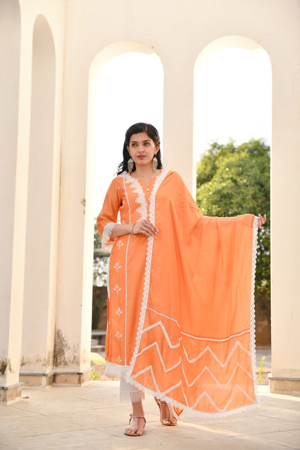 Orange & White Lace Silk Suit Set