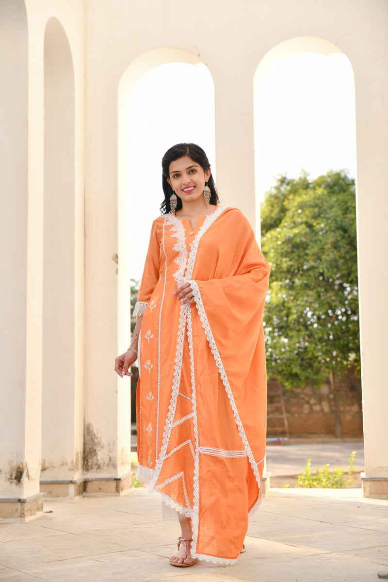 Orange & White Lace Silk Suit Set