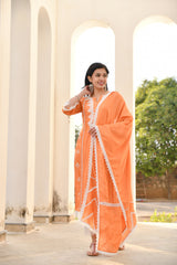 Orange & White Lace Silk Suit Set