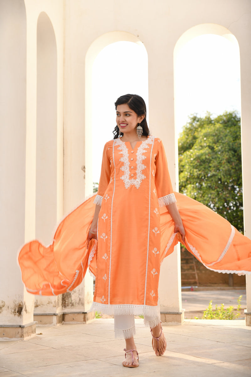 Orange & White Lace Silk Suit Set