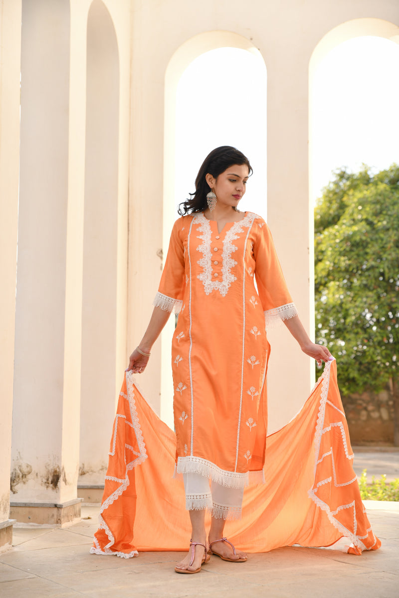 Orange & White Lace Silk Suit Set
