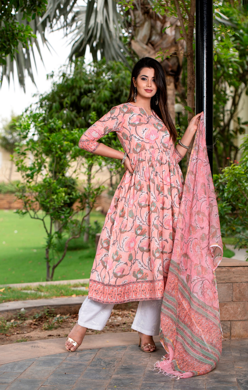 Beautiful floral handblock with self embroidered cotton pants