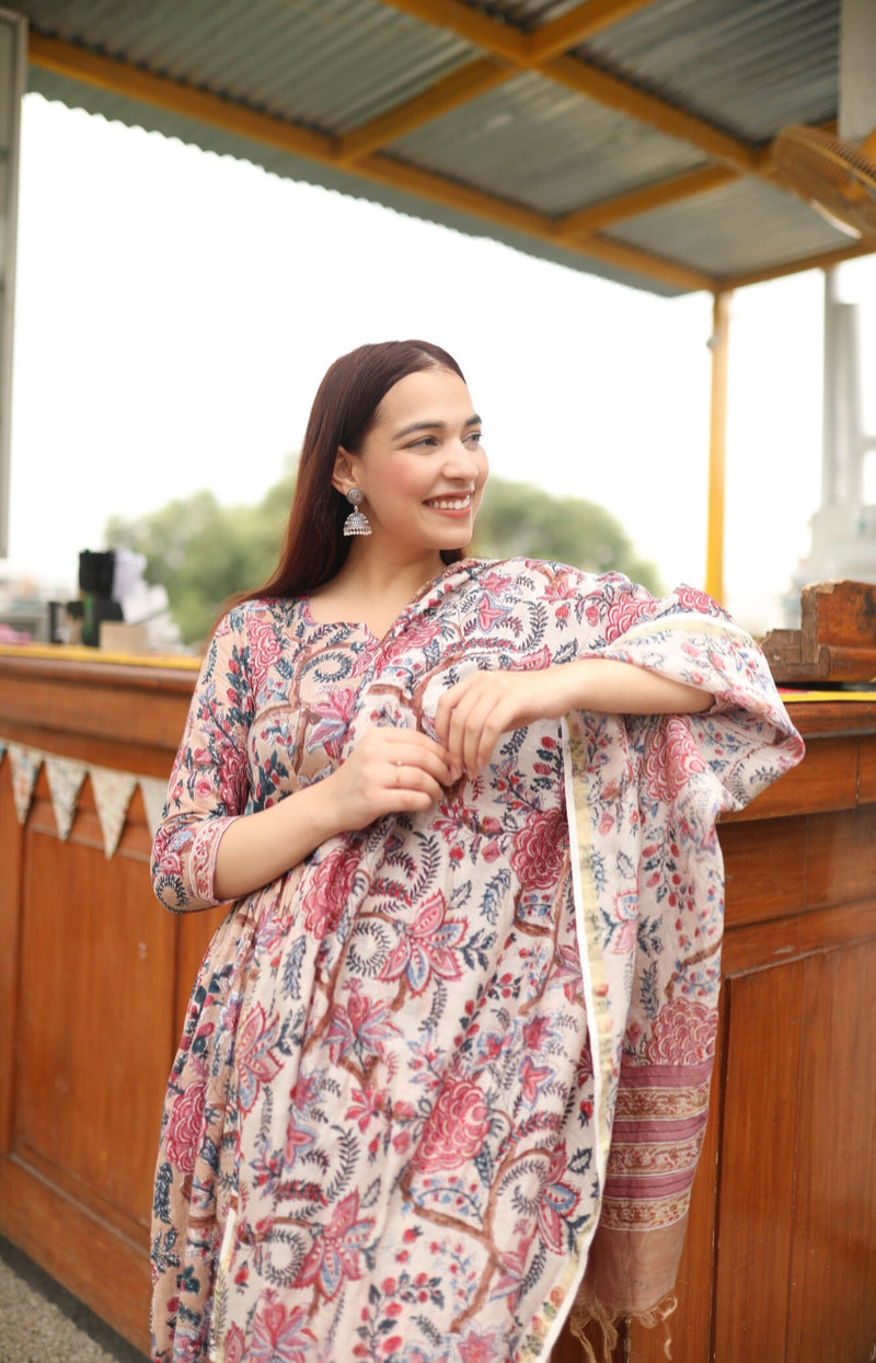 Almond Pink Floral Handblock Suit set