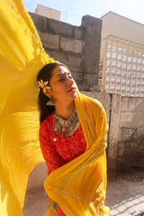 Festival favourite Red Bandhej Set with Yellow Gota work Dupatta