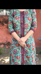Gorgeous Green Handblock kurta with front border detail