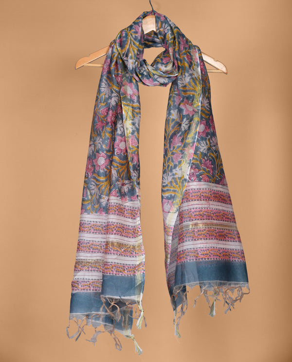 Flint Grey Floral Handblock Chanderi Silk Dupatta