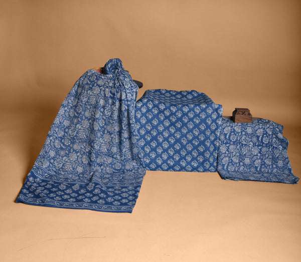 Azure Floral Cotton Unstitched Suit Set With Cotton Dupatta