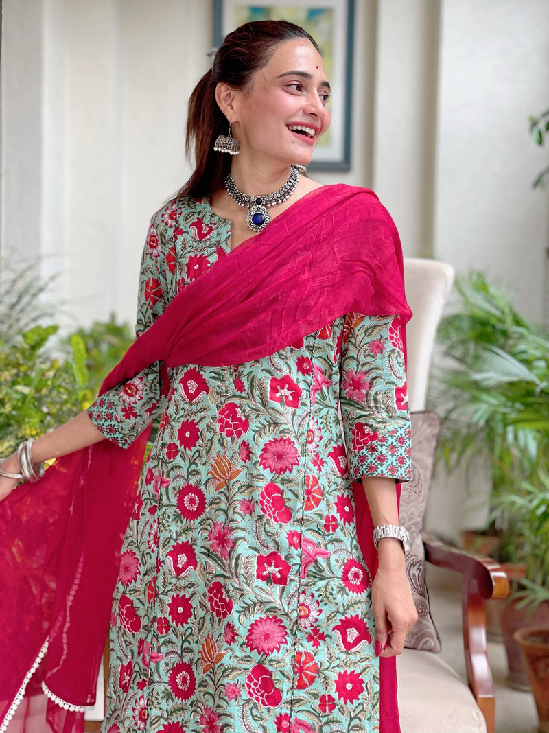 Green Regency Floral Chiffon Dupatta Suit Set