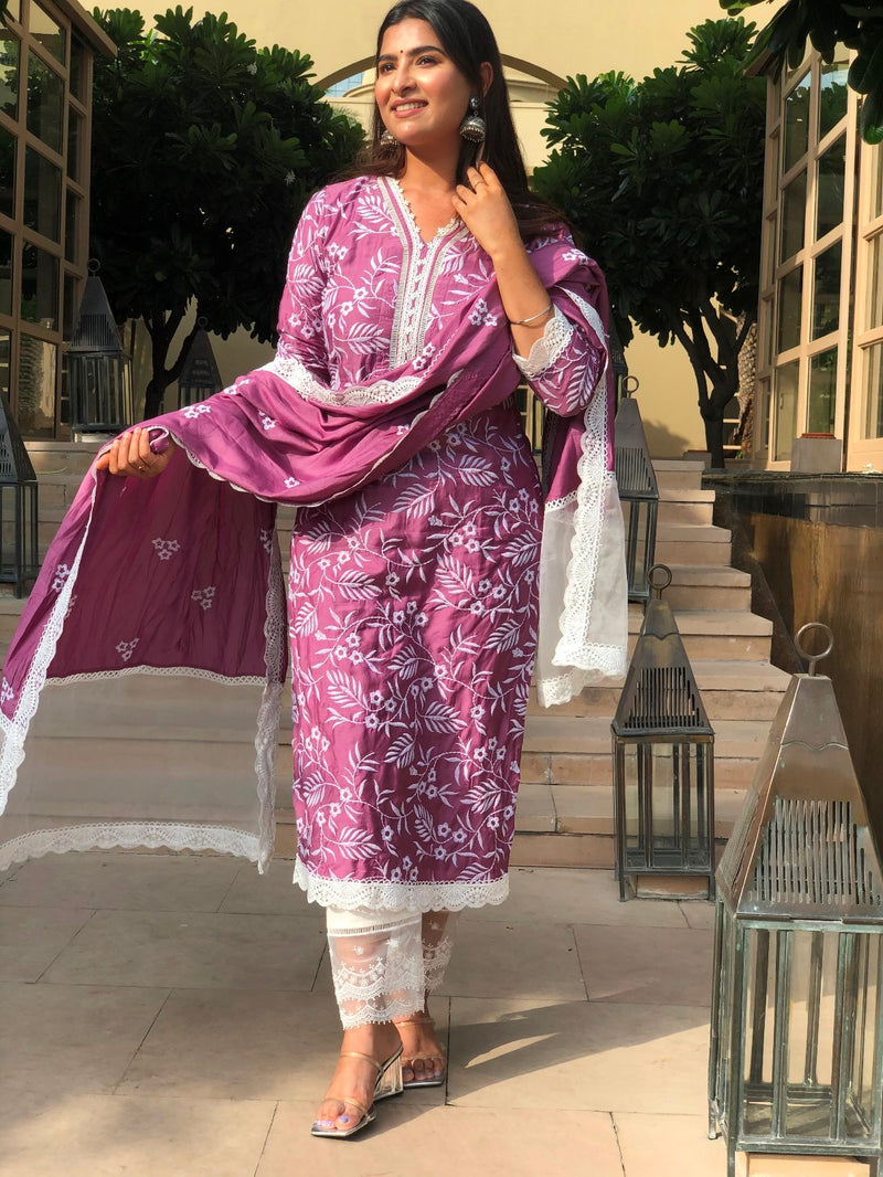 Plum White Lace Emroidered Silk Suit Set