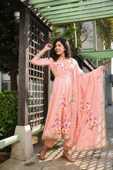 Peach Couture Umbrella Gher Gota Work handpainted Floral Silk Suit Set
