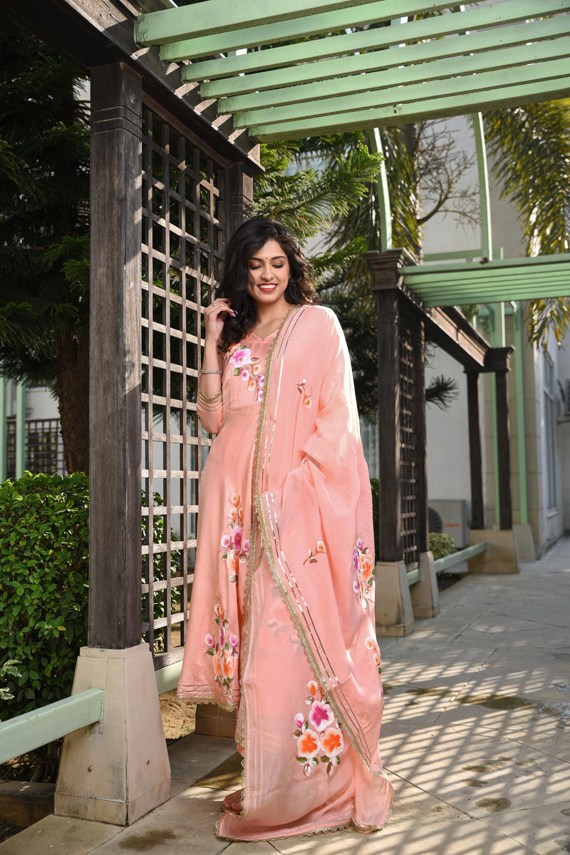 Peach Couture Umbrella Gher Gota Work handpainted Floral Silk Suit Set