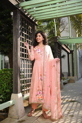 Peach Couture Umbrella Gher Gota Work handpainted Floral Silk Suit Set