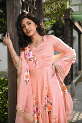 Peach Couture Umbrella Gher Gota Work handpainted Floral Silk Suit Set