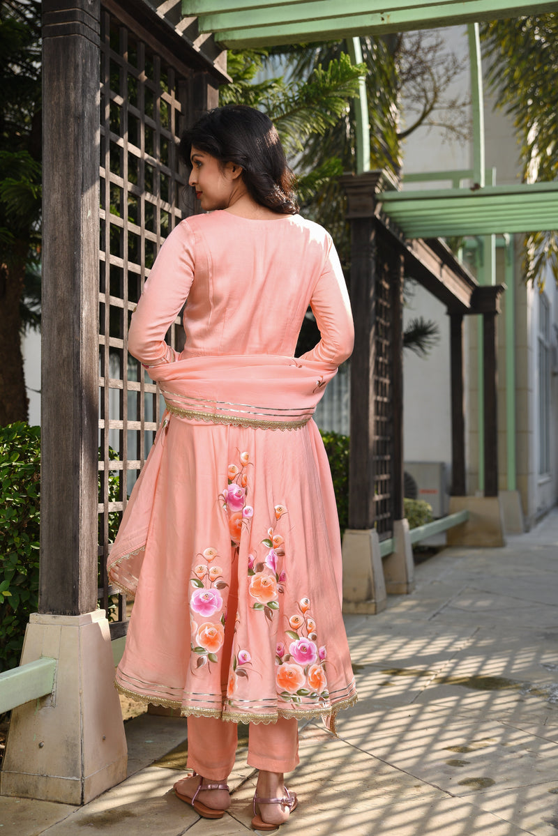 Peach Couture Umbrella Gher Gota Work handpainted Floral Silk Suit Set