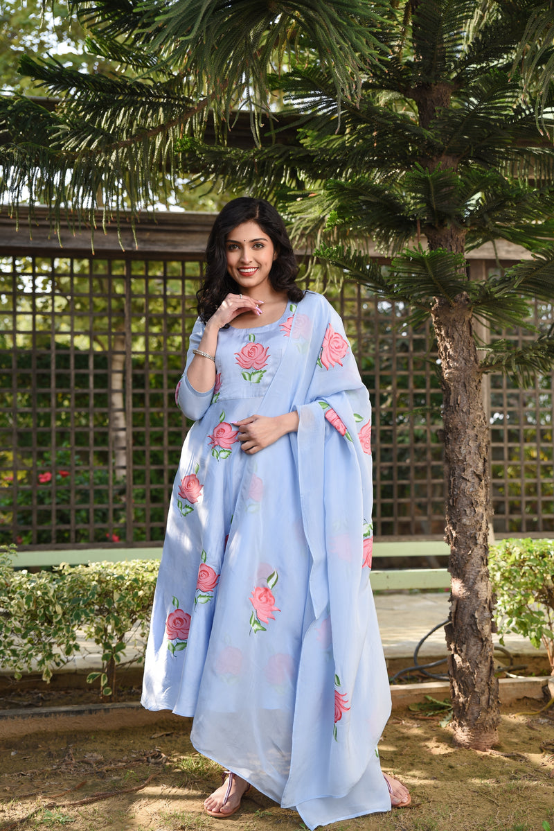 Stylish Rose Motifs Umbrella Gher Handpainted Silk Suit Set