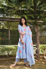 Stylish Rose Motifs Umbrella Gher Handpainted Silk Suit Set