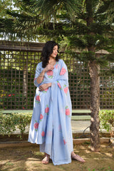 Stylish Rose Motifs Umbrella Gher Handpainted Silk Suit Set