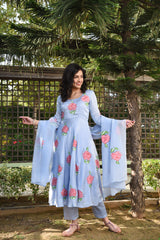 Stylish Rose Motifs Umbrella Gher Handpainted Silk Suit Set