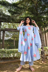 Stylish Rose Motifs Umbrella Gher Handpainted Silk Suit Set