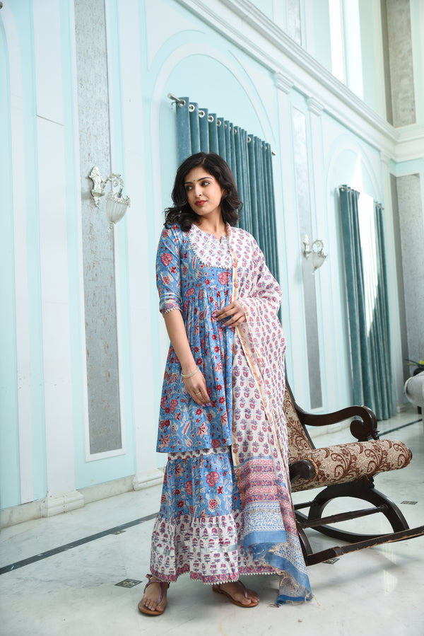 Summer Vibes Baby Blue Handblock Sharara Set With Chanderi Silk Dupatta